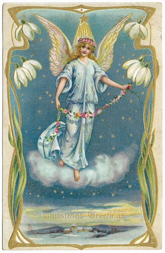 Christmas Greetings Angel in blue on cloud star snowdrops 1907 Tuck-NewYear-8377 FX